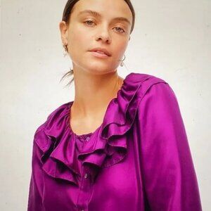 J.Crew Collection Ruffle Neck Silk Blouse, Purple Color
